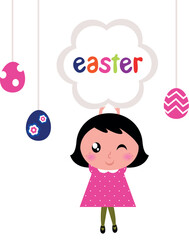 Girl with easter banner and eggs. Vector cartoon Illustration.