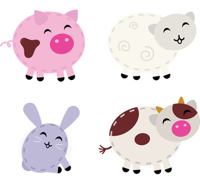 Pig, sheep, rabbit and cow - cartoon vector animals.