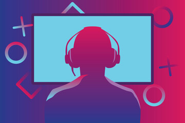 Vector Illustration Gamer Kid Sit In Front Of A Screen And Play Games.