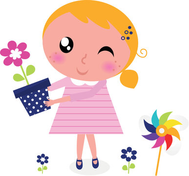 Little cute child holding flower. Vector cartoon