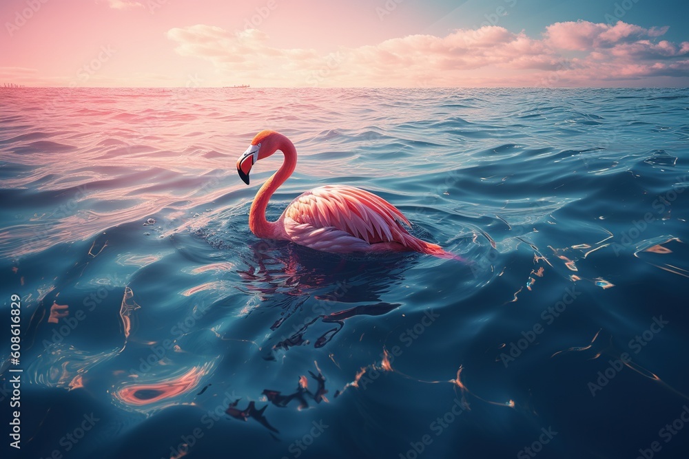 Poster a flamingo in pink that is floating on the surface of the lake of water generative ai