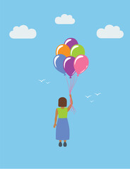 little girl flies with balloons in the sky childs dream