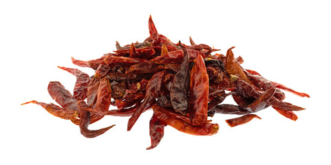 Side view of a pile of dehydrated Vietnamese chili peppers isolated on a white background.