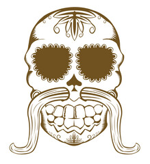 Vector illustration of decorative sugar skull with mustaches, one color