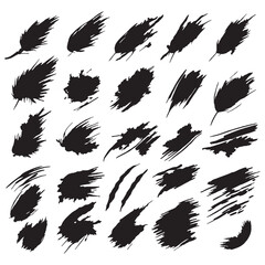 Set of brush strokes with paint, elongated, square, rectangular, real handmade strokes with various shapes, circular, vector stroke set in black color isolated in white background.