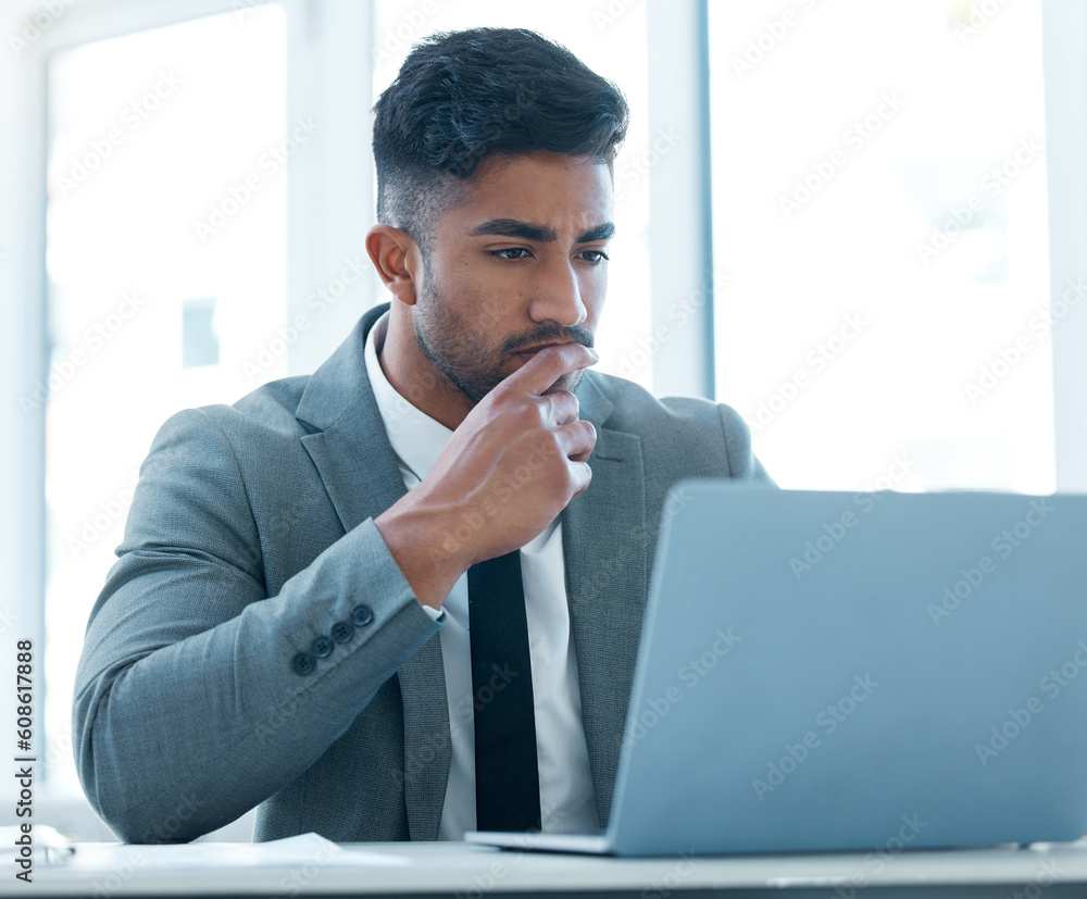 Poster laptop, corporate and a business man thinking while working on a report in his professional office. 