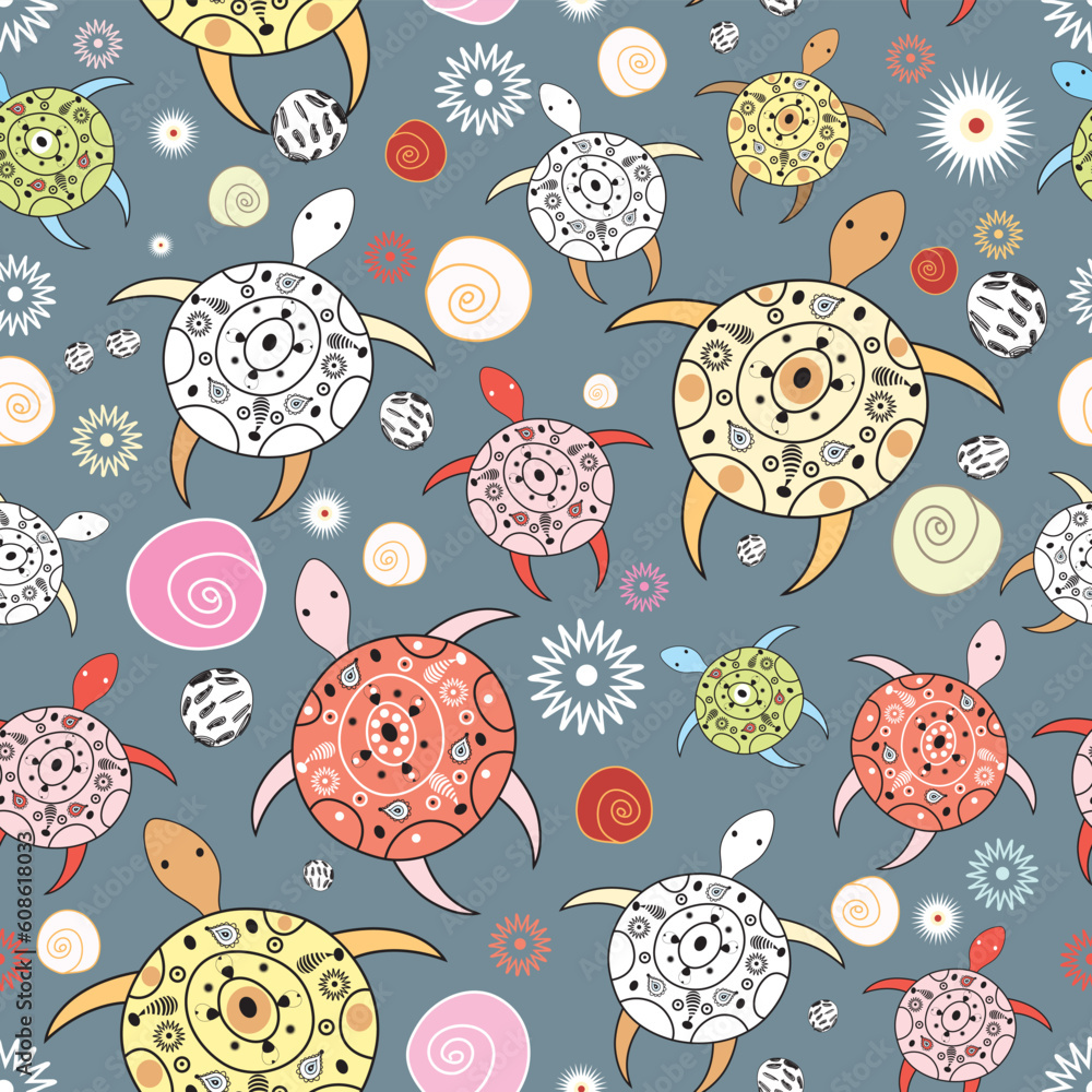 Poster seamless pattern of colored turtle on a dark background
