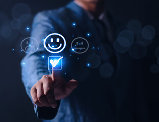 business man showing happy smile good feedback rating positive customer reviews rating satisfaction world mental health day calm mood mental health good mood 5 stars	
