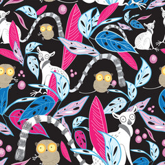 seamless graphic floral pattern of leaves and lemurs on a black background