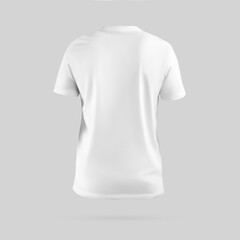 White t-shirt mockup 3D rendering, shirt isolated on background with shadows, back view.