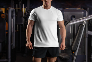 Fototapeta na wymiar Mockup of a white t-shirt on an athlete in the gym, sportswear for the presentation of design, brand, advertising.