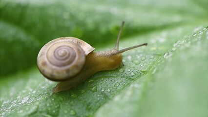 After the rain,A small snail crawling on leaf.