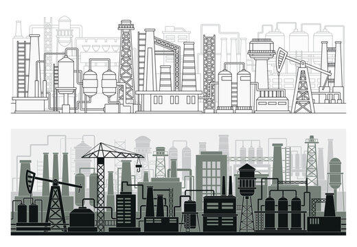 Industrial factories silhouette set. Urban endless landscape of manufactories, electric stations, oil rigs, and gas extraction. Background with complex of buildings. Linear flat vector illustrations