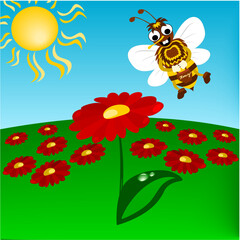 Illustration of flying humble-bee with flowers and landscape