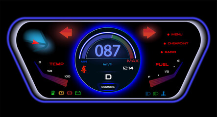 Dashboard of a car, motorcycle scooter in red blue neon colors