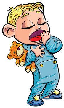 Cartoon of sleepy little boy yawning. He was a teddy. Isolated