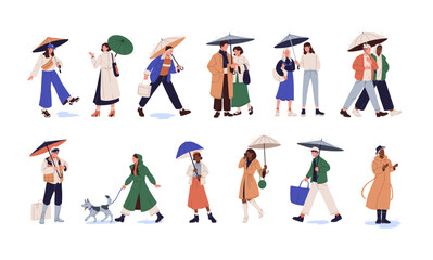 Fototapeta premium People holding umbrellas in hands, walking among puddles, standing under rain. Characters in rainy weather outdoor. Friends, couples in downpour. Flat vector illustrations isolated on white background