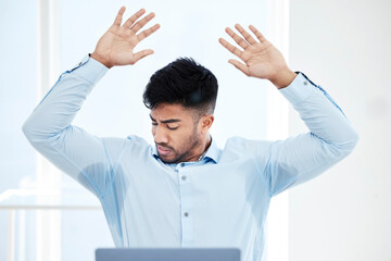 Professional, man and sweat on shirt at the office with anxiety stress as an entrepreneur. Male person, armpit and sweating on body is working at a desk with worry, pressure and heat at a company. - obrazy, fototapety, plakaty
