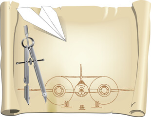 Parchment with a drawing for a model aircraft with a paper airplane. Vector illustration.