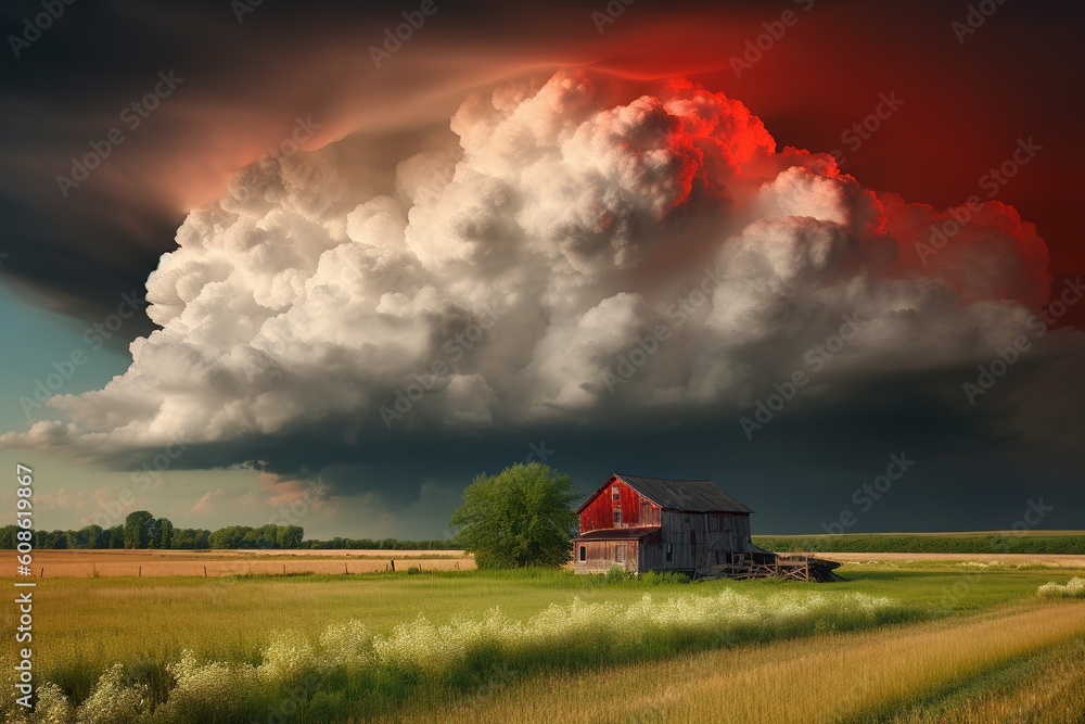 Poster an overcast sky with a red barn standing out in the middle of a field. generative ai