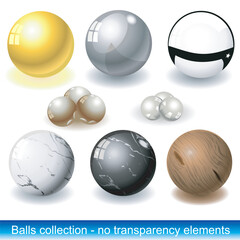 Balls collection with different materials: Gold, Silver, Glass, Marbles, Wood. And a pearl as small ones. Without transparency elements.