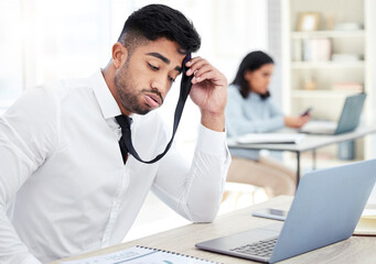 Fototapeta premium Business, stress and man with a laptop, burnout and overworked with anxiety, mistake and error. Male person, employee and entrepreneur with a pc, technology and professional with glitch and crisis