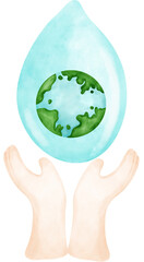 Eco friendly save water, two hands hold drop of water symbol watercolor painting