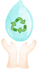 Eco friendly save water, two hands hold drop of water symbol watercolor painting