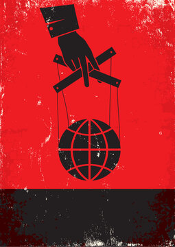 Red and black poster with hand and globe