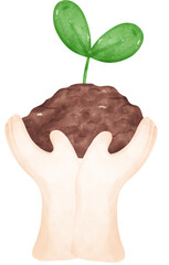 Eco friendly save earth, two hands hold grown plant symbol watercolor painting