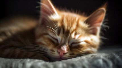 A photo of a cute Red kitten sound asleep on a fluffy. Generative AI