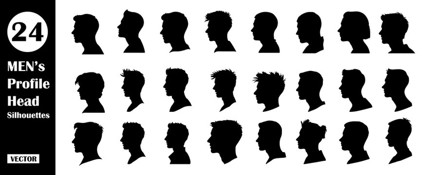Set of silhouette man head black isolated on white background. Male hair style portrait profile vector illustration