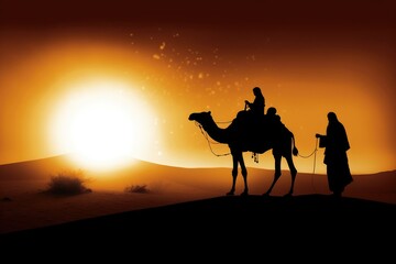 Silhouette of Joseph and Mary on camel across desert. Christmas scene of baby Jesus with Mary and Joseph. Christian Nativity story with Birth of Christ. Generative AI