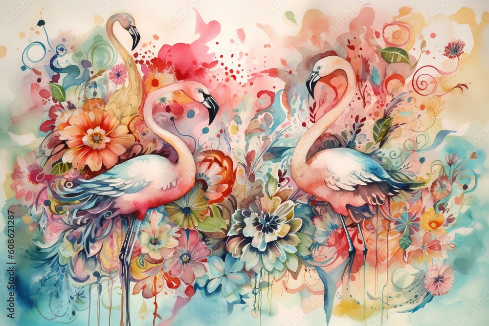 Poster a cartoon depicting two flamingos in the middle of a field of flowers generative ai