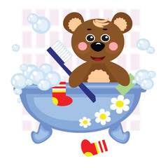 Teddy bear showering in bath, vector. .