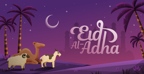 Naklejka premium Eid Al Adha Banner With Sacrifice Animal Palm Tree Crescent Moon and Mosque Background