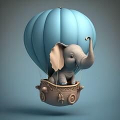 Cute elephant flying in a hot air balloon