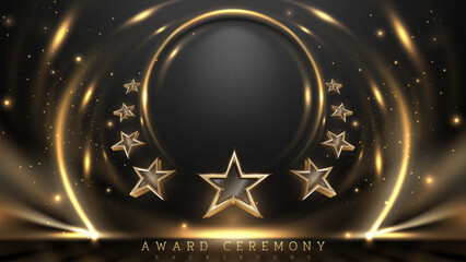 3d star around gold circle frame with glitter light effects and bokeh decorations on dark scene. Luxury award ceremony background design concept.