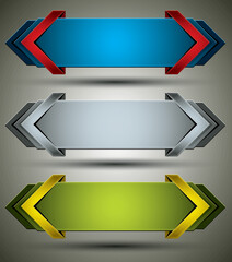 Horizontal 3d banners finished with arrows, set of color versions, vectors collection.