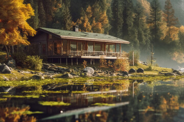 Fototapeta premium A house in a forest on the shore of a lake. AI generative