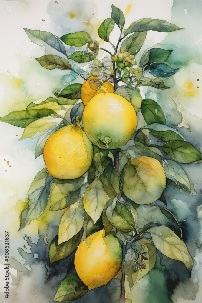 Poster a picture of a tree with a bunch of lemons hanging from it generative ai