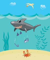 Comic vector illustration. The big cartoon shark ate the girl.