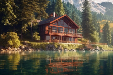 Fototapeta premium A house in a forest on the shore of a lake. AI generative