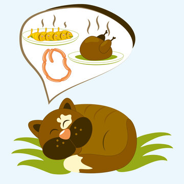 Cartoon cat has dreams about tasty meal. Vector illustration.