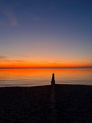 Orange sea sunset, orange sea horizon, clear blue sea, evening romantic sea coastline, no people