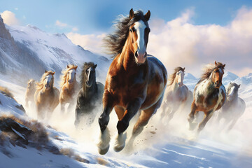 horses galloping freely through a snowy landscape. AI generative - obrazy, fototapety, plakaty
