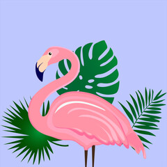 Flamingos and monstera, palms and tropical