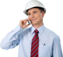 Portrait of Male Architect Wearing Helmet and Talking on Mobile Phone