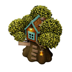 Isolated cartoon illustration of a large oak tree with a house in the crown. Graphic resource for postcard, poster or game