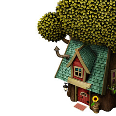 Isolated cartoon illustration of a large oak tree with a house in the crown. Graphic resource for postcard, poster or game. 